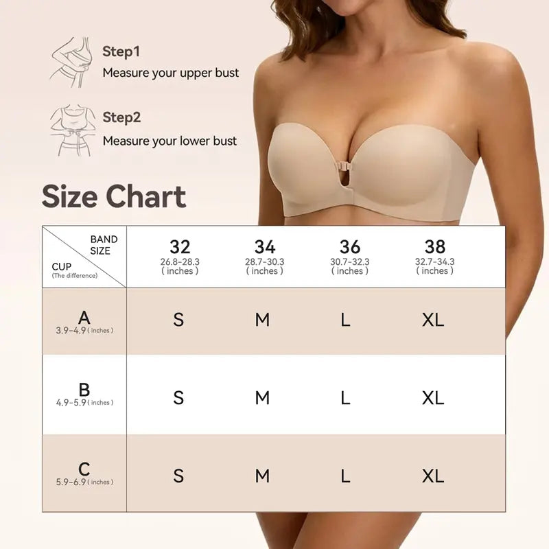 🌺 BQODQO® Invisible Lift Strapless Bra – Front-Closure Push-Up Support with Anti-Slip Grip
