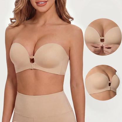 🌺 BQODQO® Invisible Lift Strapless Bra – Front-Closure Push-Up Support with Anti-Slip Grip