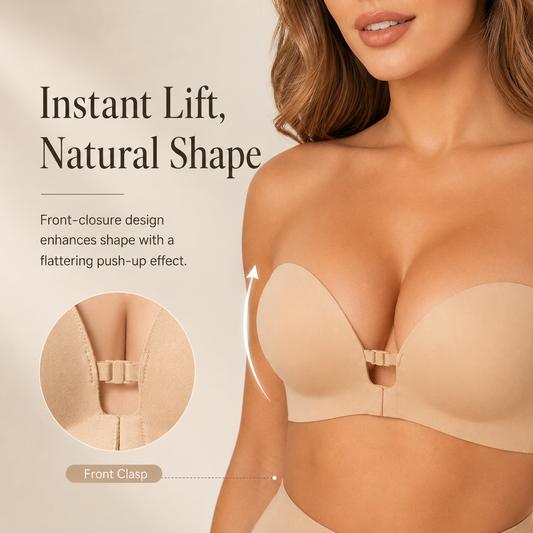 🎀 BQODQO® Invisible Lift Strapless Bra – Front-Closure Push-Up Support with Anti-Slip Grip