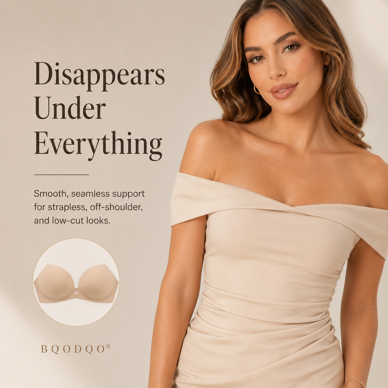 🌺 BQODQO® Invisible Lift Strapless Bra – Front-Closure Push-Up Support with Anti-Slip Grip