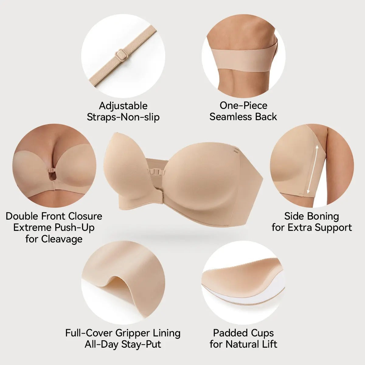 🌺 BQODQO® Invisible Lift Strapless Bra – Front-Closure Push-Up Support with Anti-Slip Grip