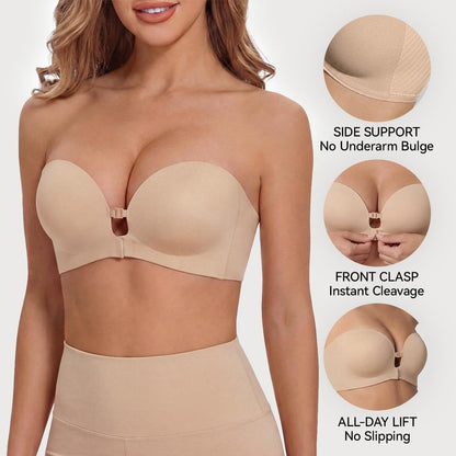 🌺 BQODQO® Invisible Lift Strapless Bra – Front-Closure Push-Up Support with Anti-Slip Grip