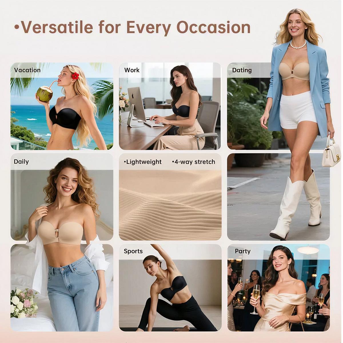 🌺 BQODQO® Invisible Lift Strapless Bra – Front-Closure Push-Up Support with Anti-Slip Grip