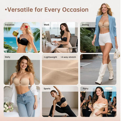 🌺 BQODQO® Invisible Lift Strapless Bra – Front-Closure Push-Up Support with Anti-Slip Grip